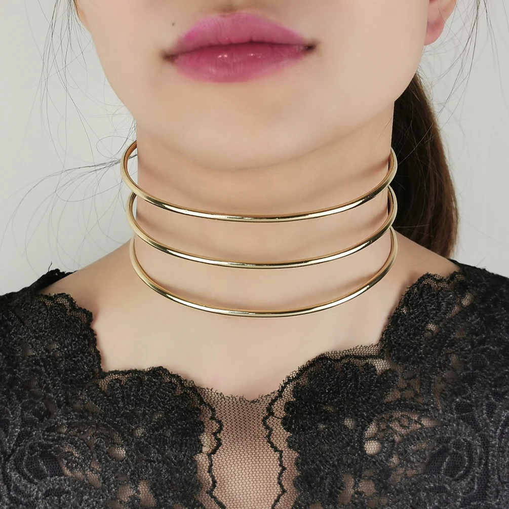 MANILAI 3 Layers Metal Torques Choker Necklaces Women Neck Fit Bib Collar  Wide Statement Necklace Maxi Fashion Jewelry African