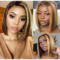 Short Bob Lace Front Human Hair Wigs Brazilian Straight Bob Lace Part Wig Middle Part Lace Wig Highlight Color 150% Density