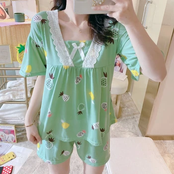 

WAVMIT Short Sleeve Pajamas Polyester Set Leisure Women Sleepwear Top 2Pcs Nightwear for Women Loose Waist Pant Pyjamas Set
