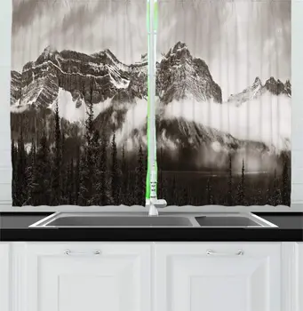 

Brown Dust Misty Kitchen Curtains Panoramic Monochromatic View Bow Lake Snow Capped Mountain Banff National Park Window Drapes