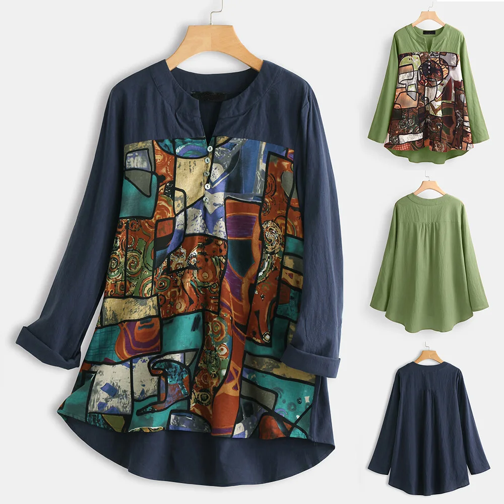 

Loose Shirts Tops Blouses Fashion 2020 Large Size Long Sleeve Tops Women Casual V Neck Shirt Ladies Vintage Print Tunic Pullover