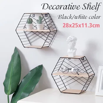 

Nordic Style Iron Decorative Shelf Hexagonal Storage Holder Geometric Figure Grid Rack Potted Ornament Shelves Wall Home Decor