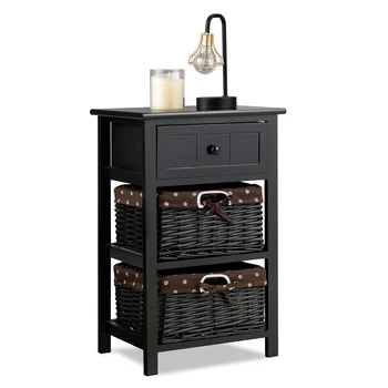 

Costway Night Stand 3 Layer 1 Drawer Bedside End Table Organizer Wood W/2 Basket Black