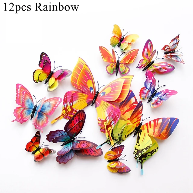 12PCS Butterfly Decoration stickers Decorative Butterflies For Birthday Party Supply 3D butterfly Theme Parti Decor Wedding rainbow