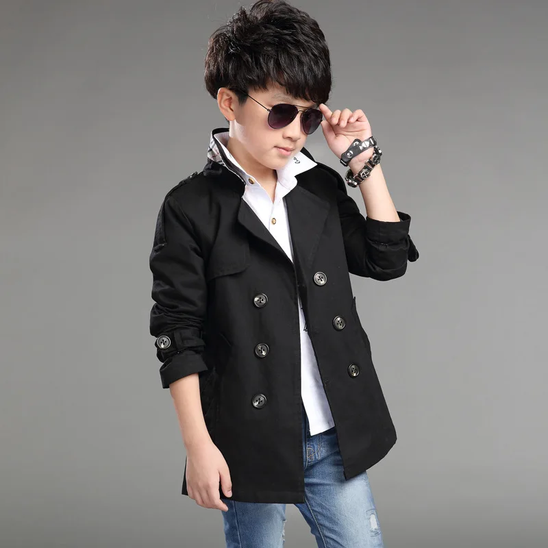 

BOY'S Teenager Students Mid-length Trench Coat Children Casual Coat Solid Color Spring And Autumn Fashion-Style Double Breasted