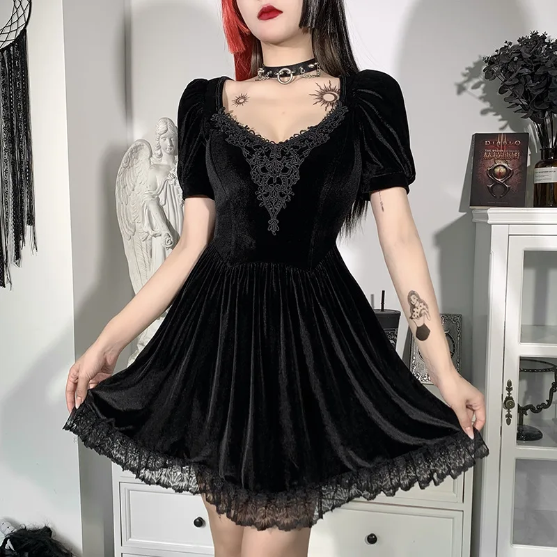 Sie sind Mein Geheimnis] Schwarz Mini Kleider Gothic Punk Stil Jk  Einheitliche Schwarze Kleid Weibliche Kurzen Kleid Bodycon party|Kleider| -  AliExpress