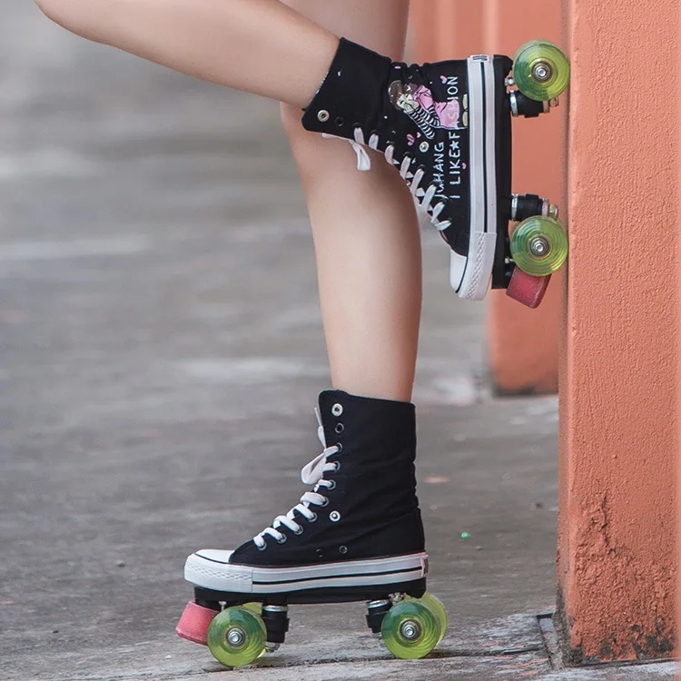 

Adult ladies breathable high-top canvas skates Pu double-row inline skates flashing roller skates speed fast high elastic wear