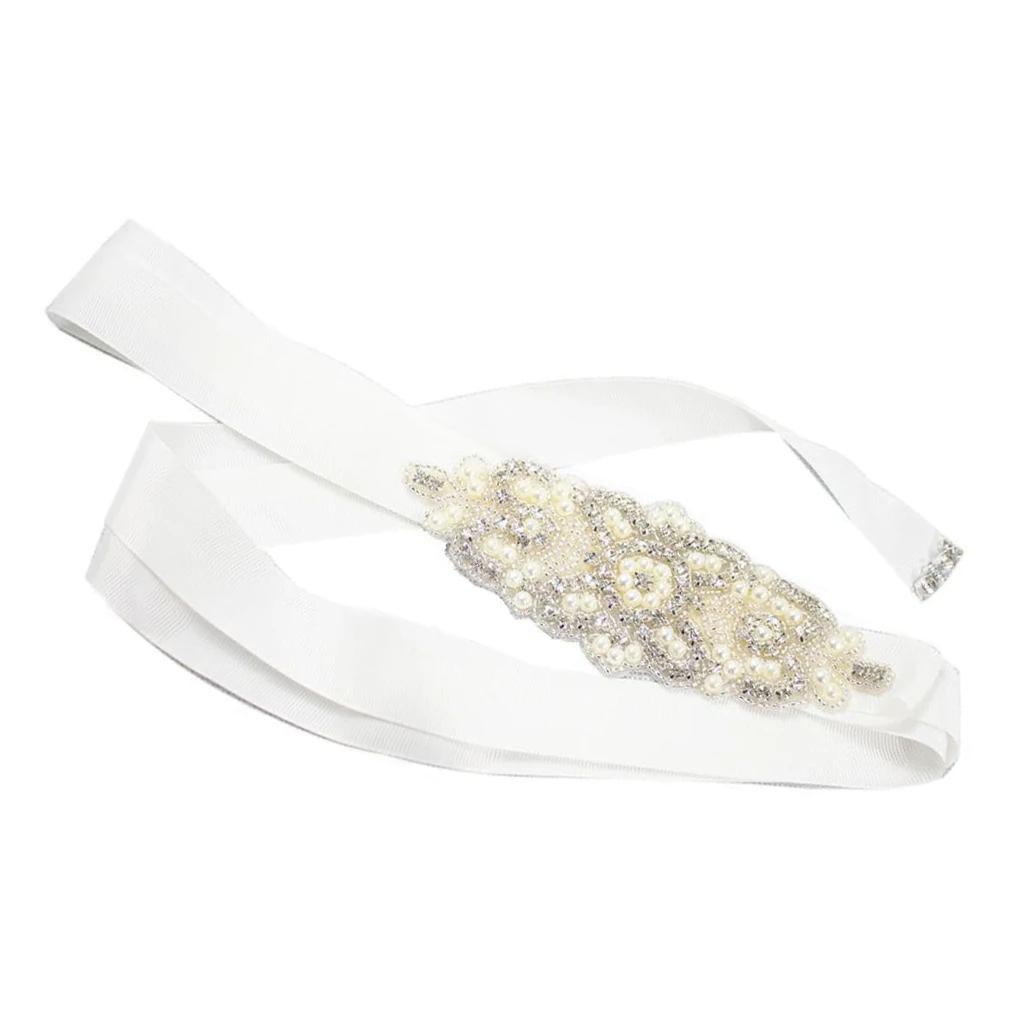 New 104'' Long Bridal Rhinestone Wedding Belts with Crystal and Pearls for Wedding Dress Sashes and Belt, Beige