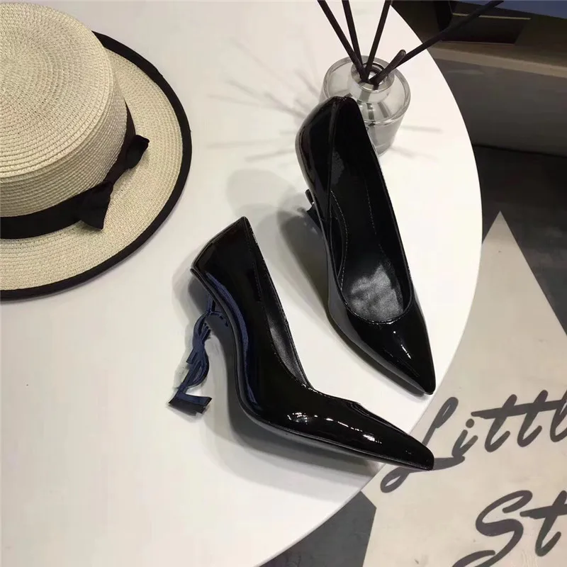 blue heel black color soft leather comfortable thin high heels temperament sexy lady pointed heel designer lady wedding party letter Heels - Цвет: blue heel