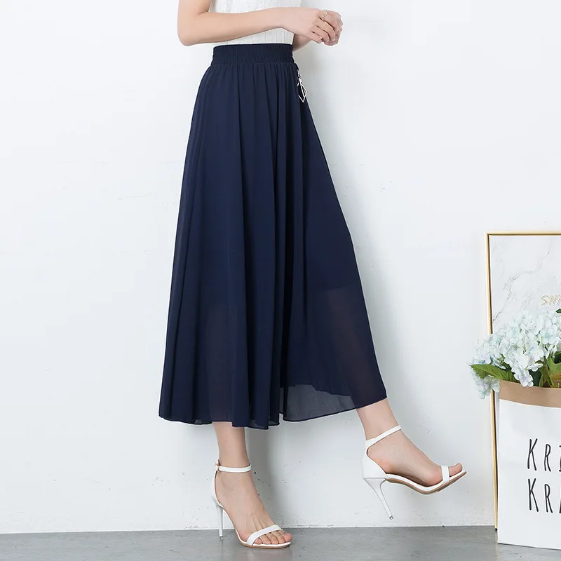 Korean Spring and summer women high waist pleated skirt womens large swing elastic waist thin beach skirts