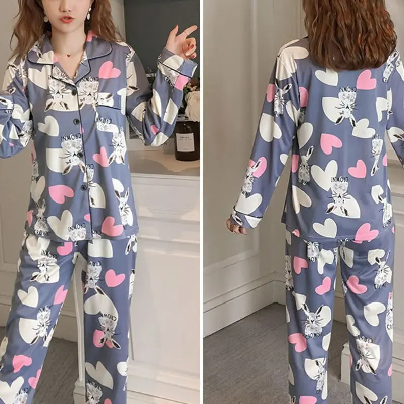 Женский пижамный комплект Kawaii С мультяшным принтом, пижама с длинным рукавом, на пуговицах, с круглым вырезом, свободные штаны, домашняя одежда, M-2XL, 19 видов стилей