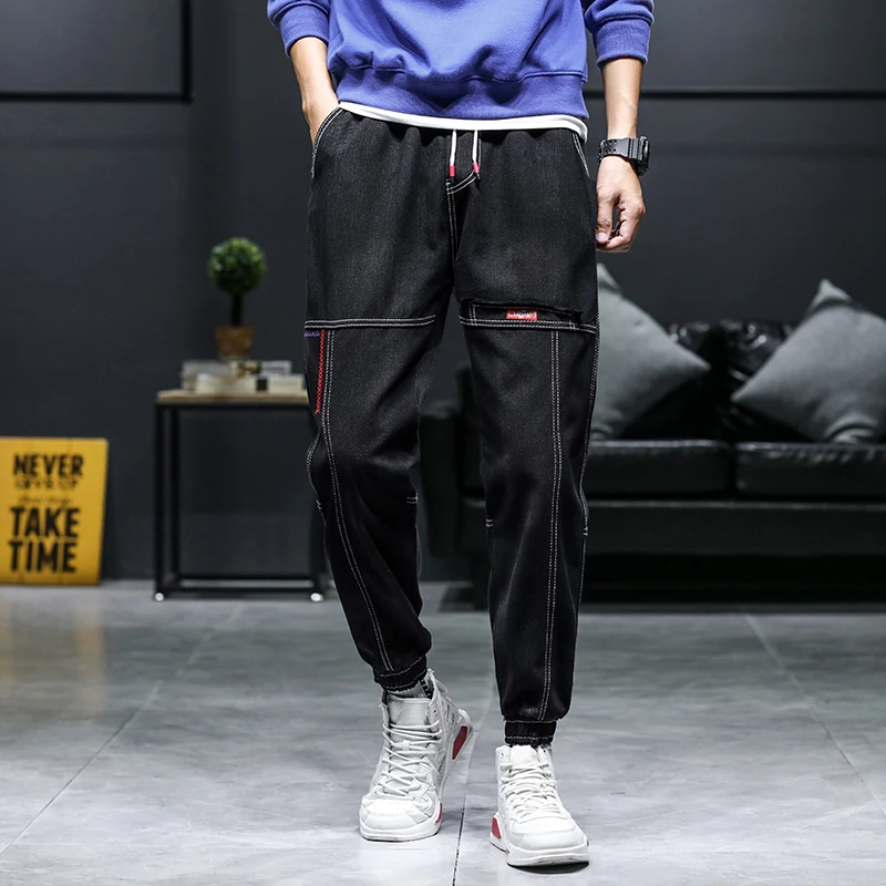

Streetwear Black Jeans Hip Hop 2020 New Binding Feet Jeans for Men Men's Pocket Sports Pants Ninth Pants