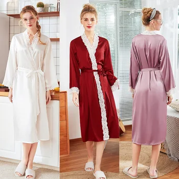 

Silk plus Size Pajamas Women's Spring and Summer Morning Gowns Thin Long-Sleeved Lace Nightgown Bathrobe