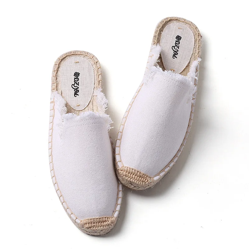 

Creative Fisherman Straw Espadrilles with Woven Cloth White Slipper Flat Galling Denim Sandals