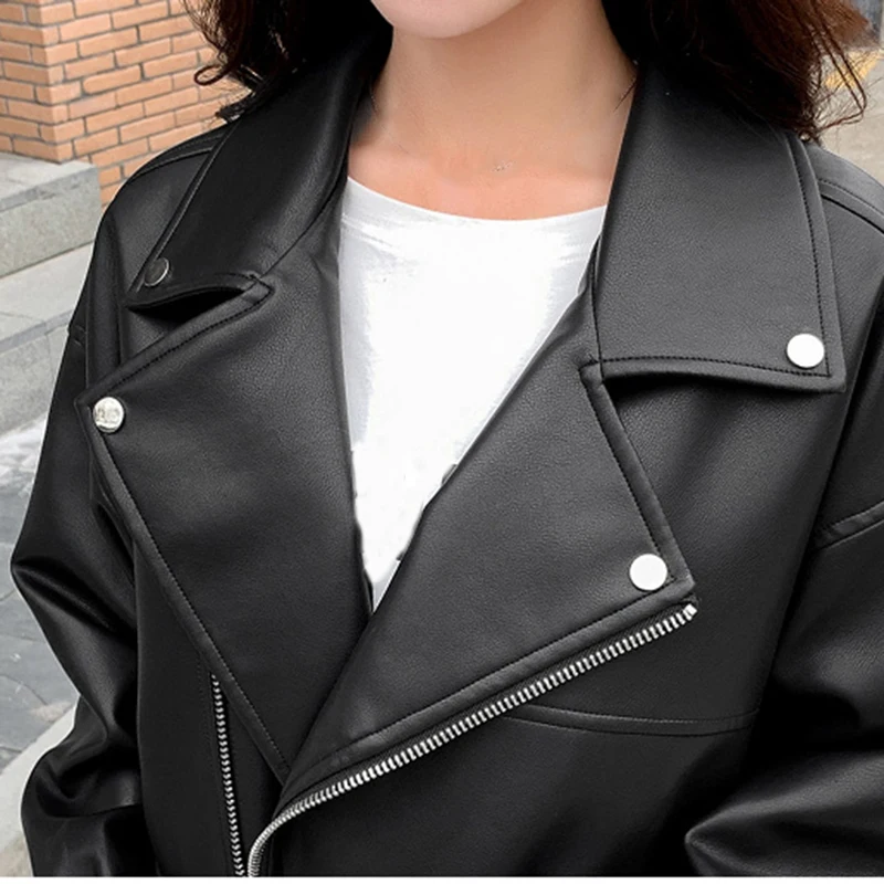 Sungtin Women/'s Trendy Loose Faux Leather Jacket Short Motorcycle Biker Coat