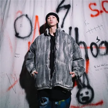 

Dirty Color Print Thick Quilted Jacket Mens High Street Winter Old Distressed Jackets for Men Keep Warm