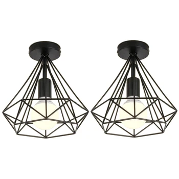 

2Pcs Ceiling Light Industrial Cage Shape Diamond Black Chandelier Suspension Metal Iron Fixture For Kitchen Corridor