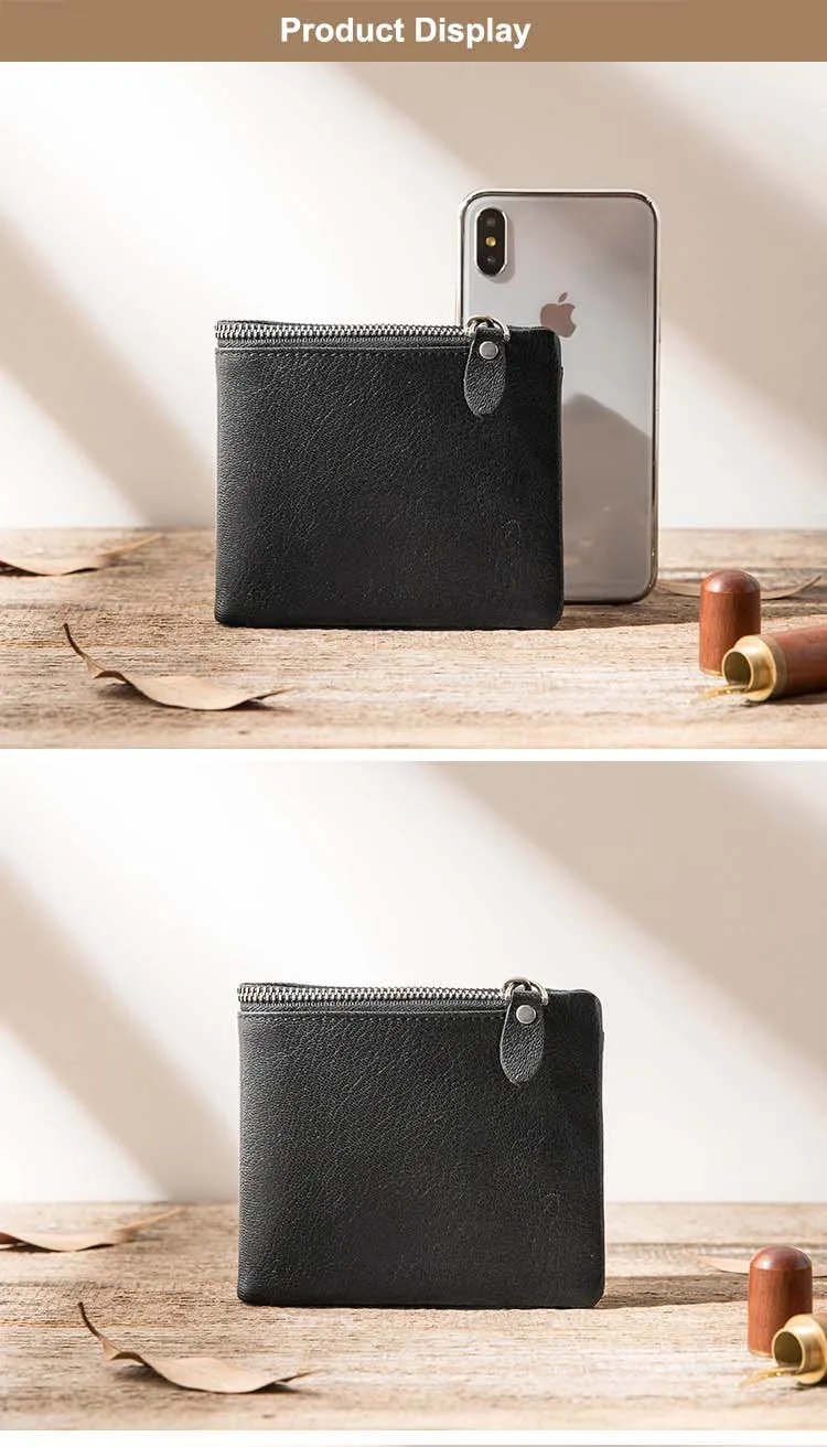 Men's Short Super Thin Wallet Genuine Leather Horizonal Zipper Small Wallet Manual Card Wallet Cowhide Male Purse Large Capacity