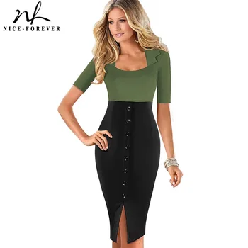 

Nice-forever Summer Contrast Color Patchwork Work with Button Dresses Business Bodycon Women Office Dress btyB472