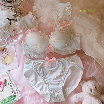 

Women Sweet Underwear Suit Cute Japanese Girls Student Lace Rabbit Cinnamoroll Thickened Small Chest Gather Bra & Panties Set
