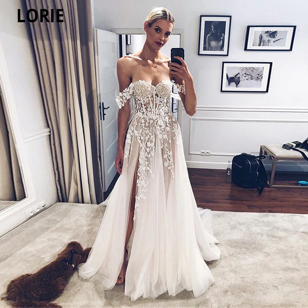 

LORIE Beach Wedding Dresses Boho Lace A-Line Bridal Gowns With Side Split Off The Shoulder Open Back 2020 Princess Party Dresses