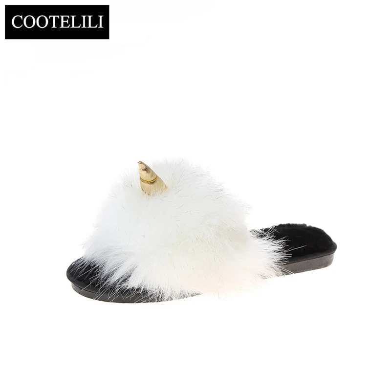 COOTELILI Winter Women Home Slippers with Faux Fur Fashion Warm Shoes Woman Slip on Flats Female Slides Black Christmas Gift