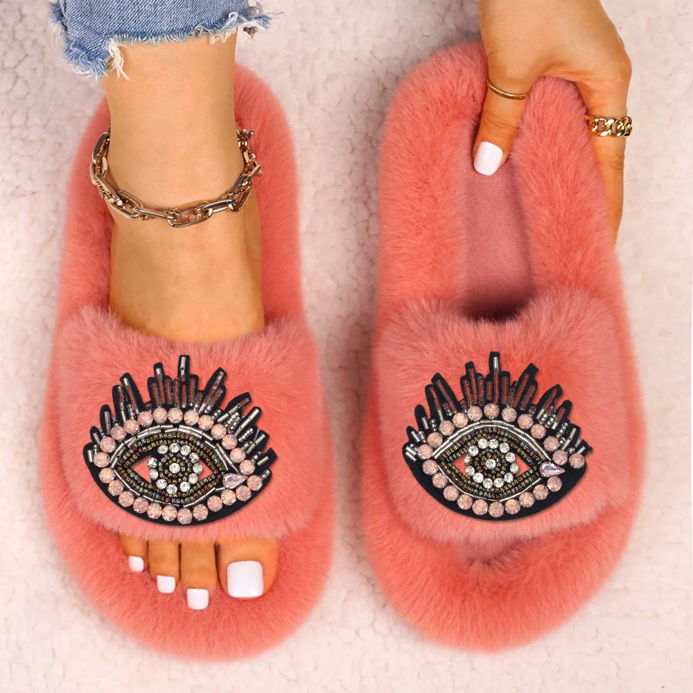 Women's Slippers Fluffy Flip Flop Bead Eye Decor Furry Slides Luxury Designer Slippers Flat Faux Fur Sandals Cute Platform Shoes