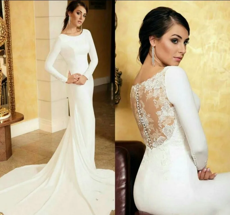

2021 Scoop Long Mermaid Simple Satin Wedding Dresses Lace Natural Slim Bridal Gowns Custom Made Formal Robe De Mariee