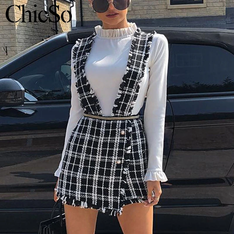 MissyChilli черная твидовая юбка в клетку с высокой талией, женская тонкая мини-юбка на пуговицах с бахромой на ремешке, женские сексуальные вечерние юбки с кисточками для клуба