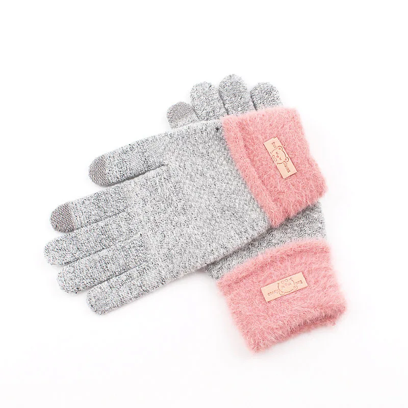 Зимние женские вязаные перчатки с сенсорным экраном, теплые термостойкие перчатки для работы в офисе, студенческие перчатки с медвежонком, бархатные вязаные перчатки для женщин