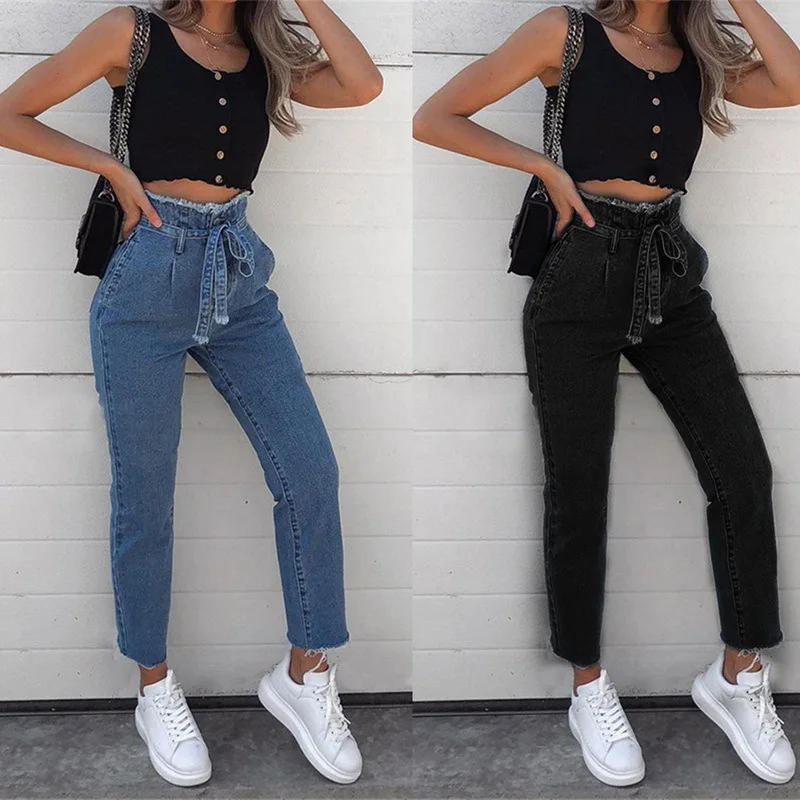 

LEH Women Vintage Jeans High Waist Belt Stretch Skinny Denim Female Tassel Pencil Pant Slim Trouser Zipper Burr Full Pants