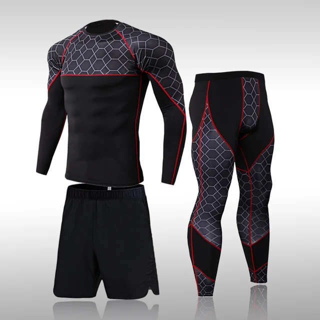3 Pieces Compression Tracksuit Fitness Tight Running Set T-shirt Legging Men's Gym Sportswear  Suit 1