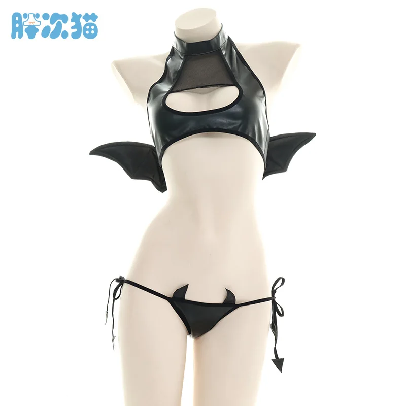 Japanese Womens Devil Cosplay Costumes Sexy Hollow Out Tank with Wings Punk Lolita Anime Bikini Set Anime Lingerie