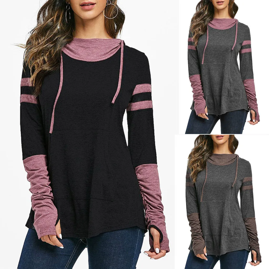 Футболка женская повседневная с капюшоном топ рюшами на рукавах в стиле пэчворк