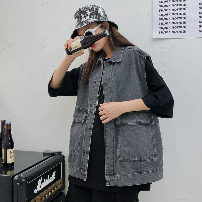 Black Vest Женский свободный крой, соединенный внакрой деним, большой размер, жилет, отложной воротник, без рукавов, модный, универсальный, весна-осень Z984 - Цвет: Black Vest