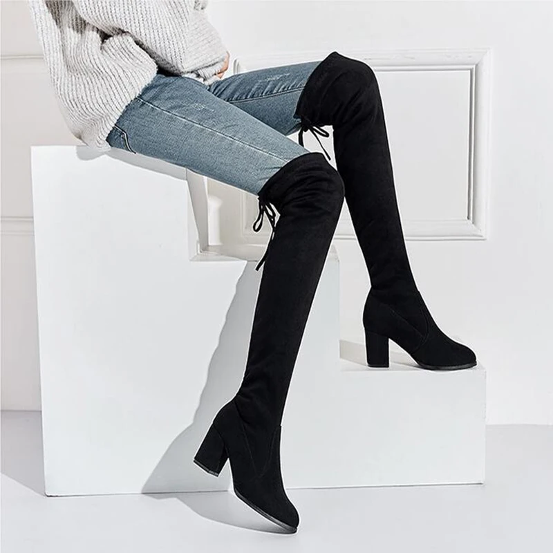 Новинка года; модные зимние сапоги выше колена; женские сапоги до бедра из эластичной ткани; высокие сапоги; Bota Feminina Zapatos De Mujer