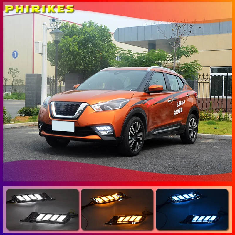 

2 шт. для Nissan Kicks 2017 2018 водонепроницаемый желтый сигнал поворота реле Стайлинг автомобиля светодиодные DRL дневные ходовые огни дневной свет противотуманная лампа