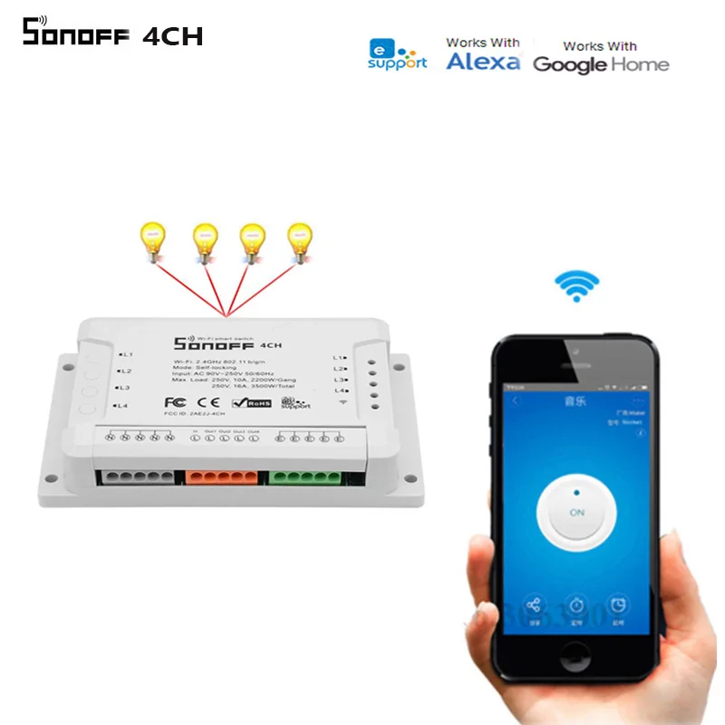 Cena ITEAD Sonoff 4CH R2 inteligentny zegarek wi fi, 4 kanał Wifi inteligentnego domu zegar światła pilot aplikacji przerywacz przekaźnik działa z Google Home