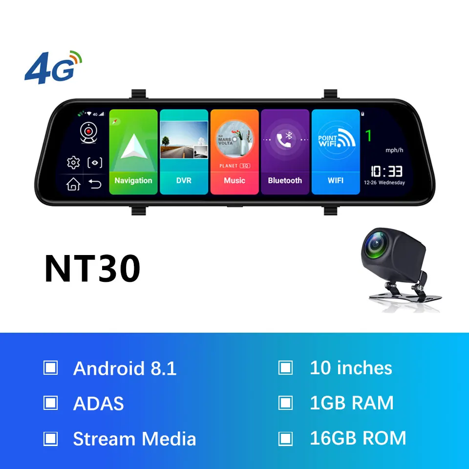 Olysine 1" зеркало заднего вида Автомобильный видеорегистратор 4G Android 8,1 видеорегистратор era 2G ram 32G rom gps навигация ADAS WiFi видеорегистратор - Название цвета: NT30