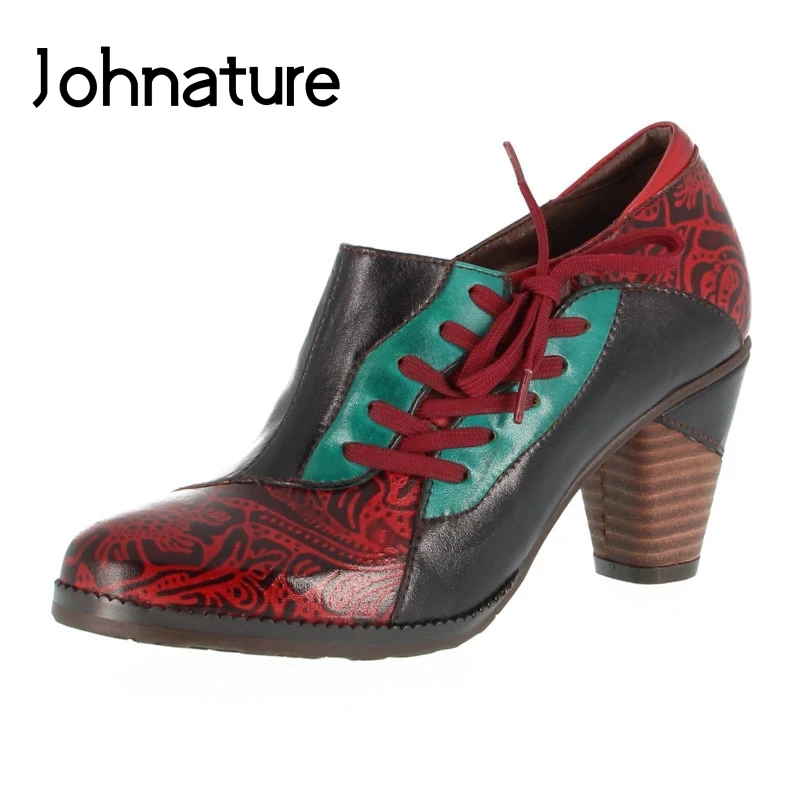 

Johnature Genuine Leather Pumps Women Shoes Round Toe Retro Zip High Heels 2019 New Autumn Mixed Colors Handmade Ladies Shoes