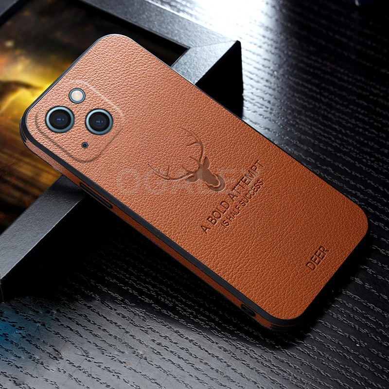 Square Leather Cover For iPhone 12 Pro Max 13 Pro Case For iPhone 13 11 Pro Max XS 12Pro X XR Cover Luxury Shockproof Deer Cases iphone 13 mini case clear