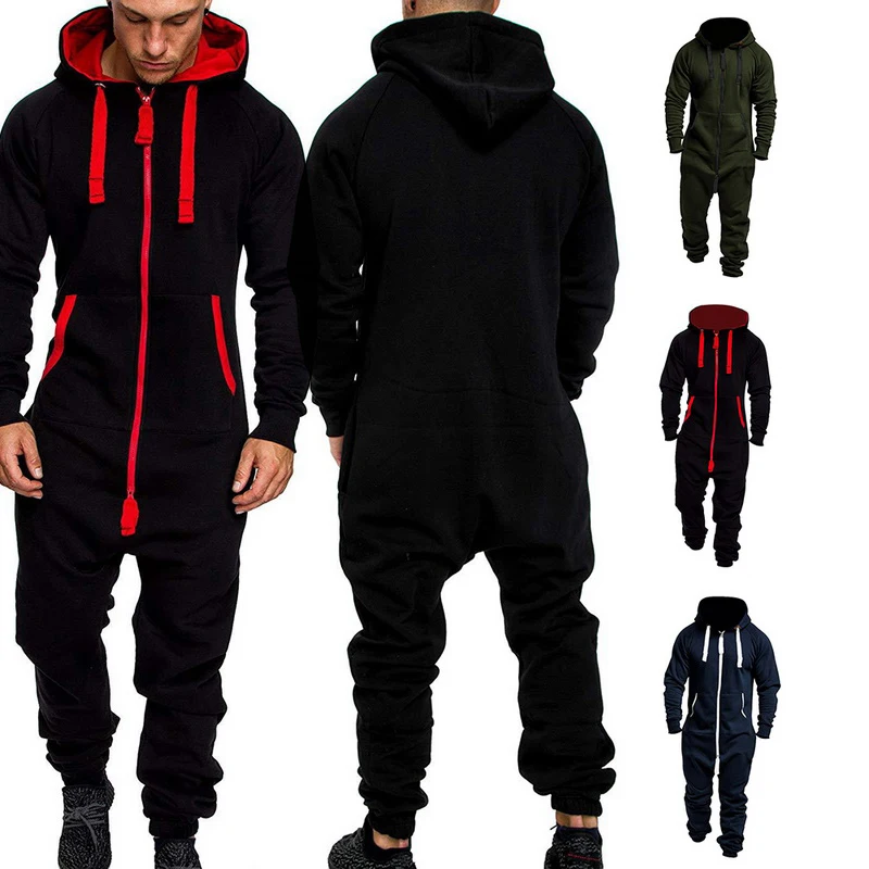 Autumn Winter Hoodies Overalls For Men Splicing Jumpsuit Long Sleeve