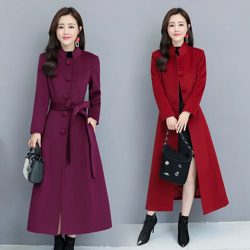 

2018 Winter New Style Cashmere Wool Coat Elegant Stand Collar Exta-long Woolen Solid Color Overcoat Women's over-the-Knee