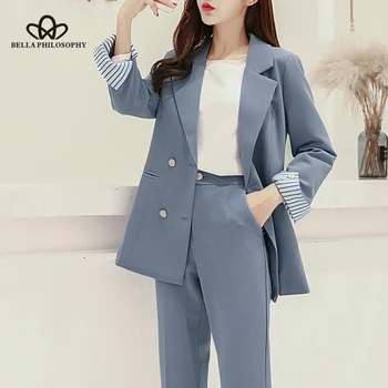 

Bella Philosophy 2019 Autumn Solid Double Breasted Blazer Suit Office Lady Elegant Pants Suit Two Piece Set