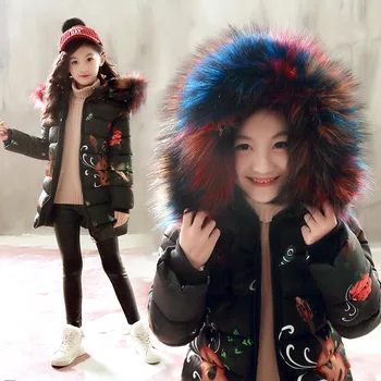 

INS HOT Baby Girls' Winter Coat Cotton-padded Clothes 3-11 Years Old Cartoon Print Feather Violin Big Fur Collar Cotton Clothes
