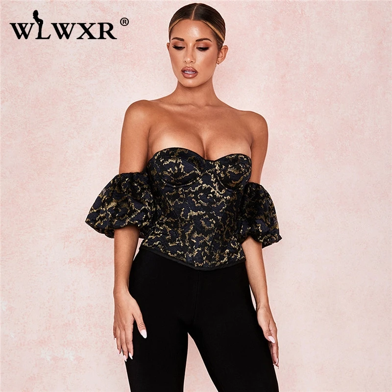 WLWXR без бретелек Bodycon сексуальный укороченный Топ для женщин на молнии с открытой спиной Slash шеи черная блузка рубашка женская с пышными рукавами Женская Клубная блуза