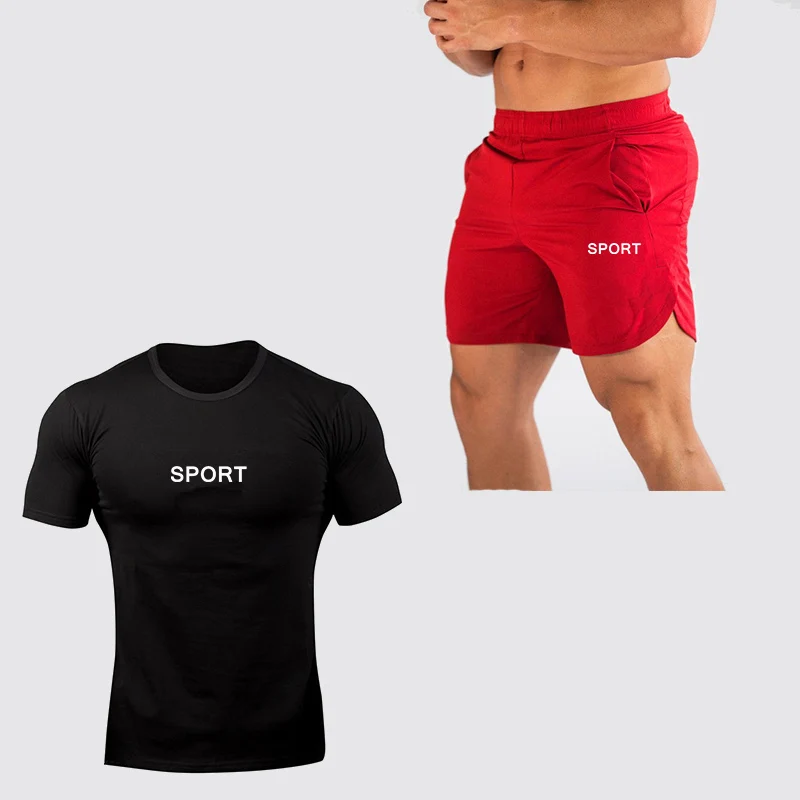 

Summer High Quality Sportswear Fitness Two-piece Tees+Shorts Set Men Sport Cotton Short Sleeve Fashion T-Shirt Sets Tracksuit