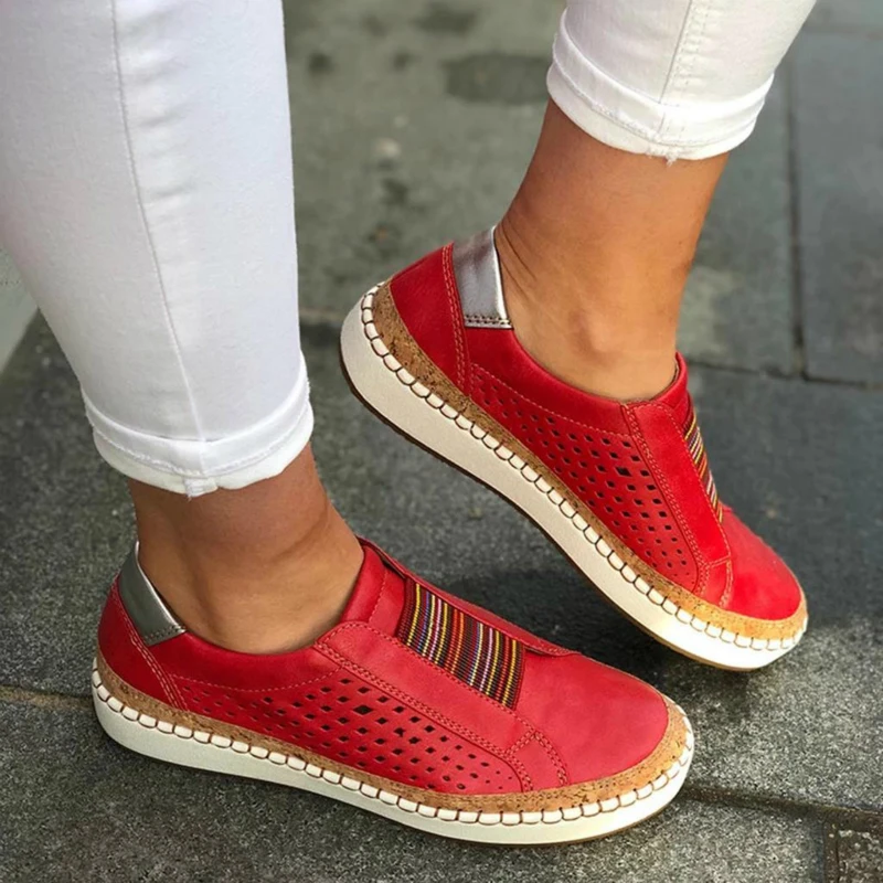 

HOT Women Flat Slip on Sneakers Shallow Vulcanized Shoes Casual Hollow Out Breathable Loafers Ladies Leather Flats Summer Spring