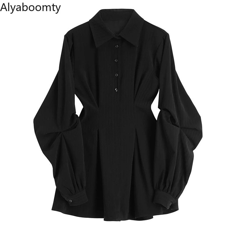 Japanese Harajuku Women Black Mini Dress Turn-Down Collar Slim Simple Gothic Streetwear Lantern Sleeve Punk Style | Женская одежда
