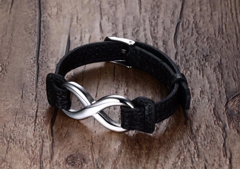Mens Bracelets Stainless Steel Infinity Love Black Leather Bracelet Men Women Bangles Fashion Jewerly Accessories Pulseira 19